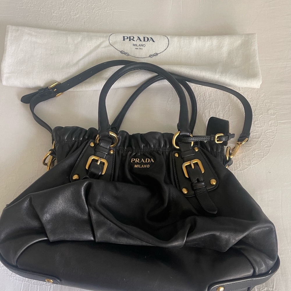 Prada Black Leather Shoulder Bag with Gold Accents